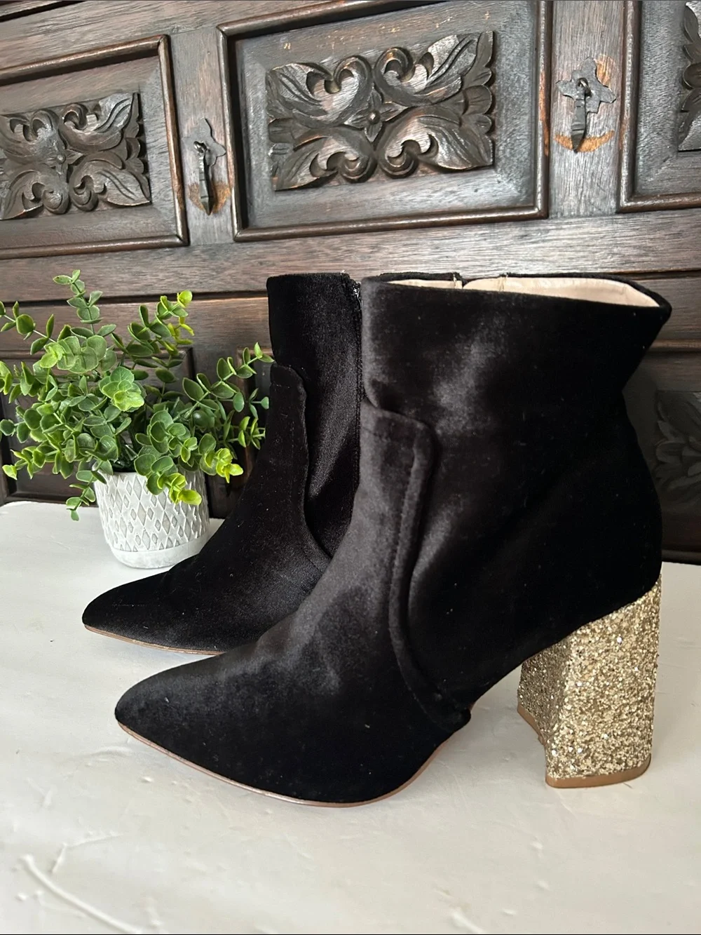 Betsey Johnson Black Velvet Ankle Boots with Gold Glitter Block Heel